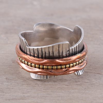 Sterling silver meditation ring, 'Eclectic Union' - Sterling Silver Copper and Brass Spinner Meditation Ring