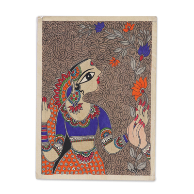 Madhubani painting, 'Nature's Love' - Madhubani Painting of a Woman with Flowers from India