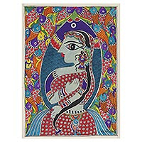 Pintura Madhubani, 'Sirena II' - Pintura Madhubani de una sirena y un pez de la India