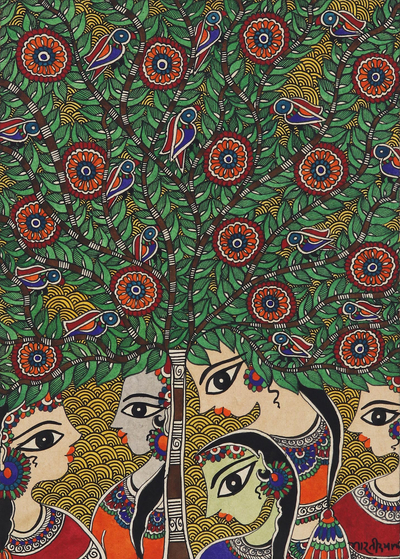 Madhubani painting, 'Women Talks' - Signed Madhubani Painting of Talking Women from India