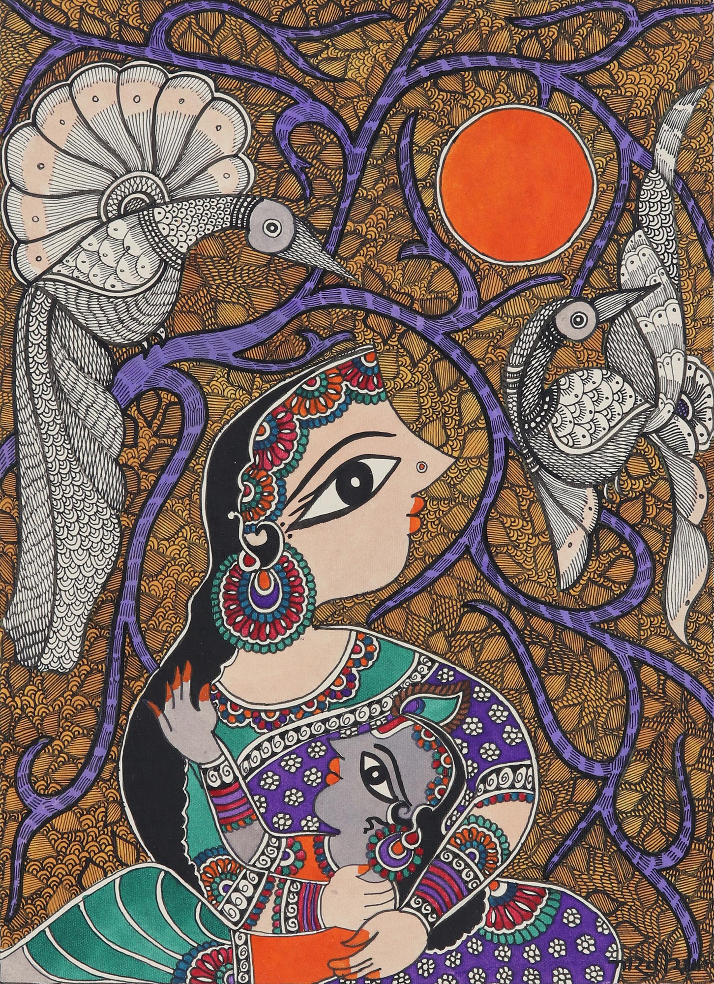 Mother and Child Hindu Madhubani Painting from India - Mother and Child ...