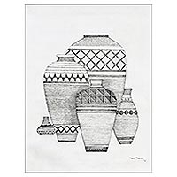 'The Pot IV' - Signed Ink Painting of Five Pots from India