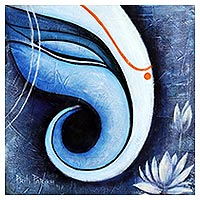 'Blue Ganesha' - Pintura expresionista firmada del Señor Ganesha de la India