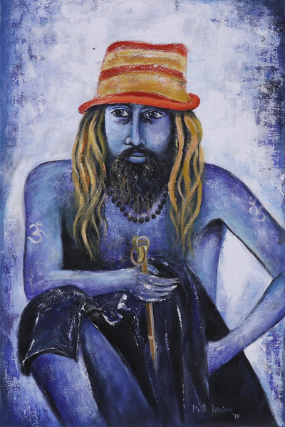 'Sadhu the Hermit IV' - Expressionist Painting of a Sadhu in Blue from India