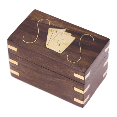 Wood decorative box and playing card set, 'Cosmopolitan Player' - Mango Wood Brass Inlay Decorative Box and Playing Card Set