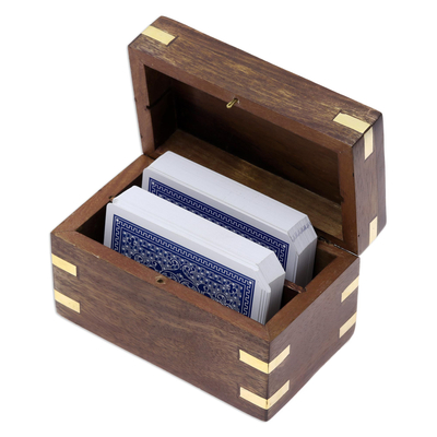 Wood decorative box and playing card set, 'Cosmopolitan Player' - Mango Wood Brass Inlay Decorative Box and Playing Card Set