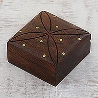Wood decorative box, 'Refined Symmetry' - Mango Wood with Brass Dot Inlay Decorative Hinged-Lid Box