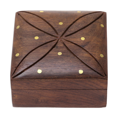 Wood decorative box, 'Refined Symmetry' - Mango Wood with Brass Dot Inlay Decorative Hinged-Lid Box