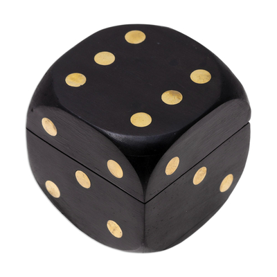Wood decorative box and dice set, 'Elegant Dice' - Black Mango Wood with Brass Dots Decorative Box and Dice Set