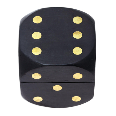 Wood decorative box and dice set, 'Elegant Dice' - Black Mango Wood with Brass Dots Decorative Box and Dice Set