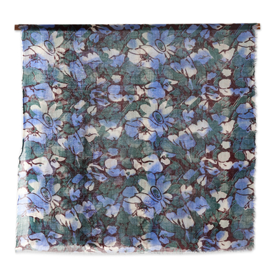 Wool shawl, 'Delight of Spring' - Blue and Green Floral Motif Wool Shawl from India