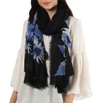 Wool shawl, 'Late Night Blossom' - Floral Motif Screen-Printed Wool Shawl from India