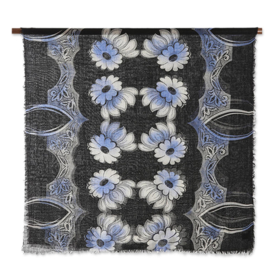 Wool shawl, 'Midnight Garland' - Floral Motif Printed Wool Shawl from India