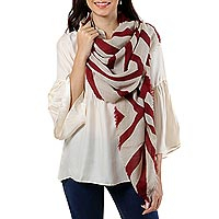 Wool shawl, 'Claret Bliss' - Claret-Striped Wool Shawl Crafted in India
