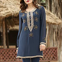 Hand Embroidered Beaded Navy Semi-Sheer Long Sleeve Tunic,'Sheer Dazzle in Navy'