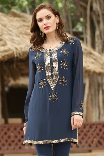 Beaded tunic, 'Sheer Dazzle in Navy' - Hand Embroidered Beaded Navy Semi-Sheer Long Sleeve Tunic