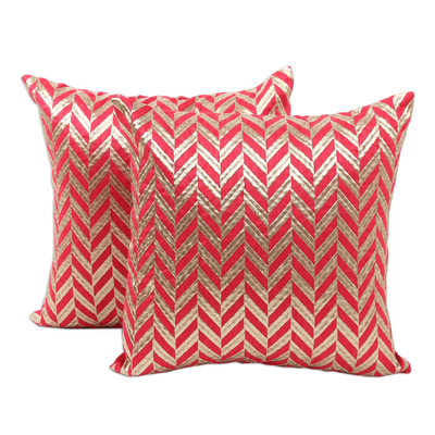 Embroidered cushion covers, 'Elegant Chevron' (pair) - Red and Gold-Tone Chevron Motif Cushion Covers (Pair)