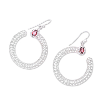 Garnet dangle earrings, 'Radiant Crescent' - Garnet and CZ Dangle Earrings from India