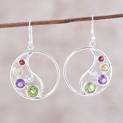 Multi-gemstone dangle earrings, 'Sparkling Loop' - Circular Multi-Gemstone Dangle Earrings from India