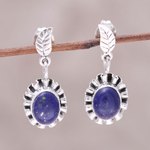 Lapis lazuli dangle earrings, 'Blue Ribbon Flower' - Lapis Lazuli and Sterling Silver Flower Dangle Earrings