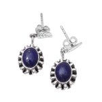 Lapis lazuli dangle earrings, 'Blue Ribbon Flower' - Lapis Lazuli and Sterling Silver Flower Dangle Earrings