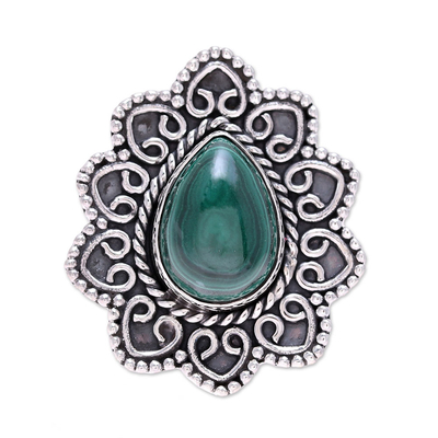 Malachite cocktail ring, 'Tremendous' - Malachite Teardrop and Sterling Silver Scrolls Cocktail Ring