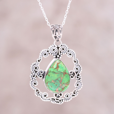 Sterling silver pendant necklace, 'Blissful Green' - Sterling Silver Green Composite Turquoise Pendant Necklace