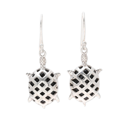 Onyx dangle earrings, 'Turtle Delight' - Handcrafted Sterling Silver and Onyx Turtle Dangle Earrings