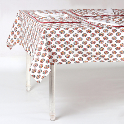 Cotton table linen set, 'Floral Bliss' (set for 6) - Rayon Embroidered Floral Cotton Table Linen Set from India