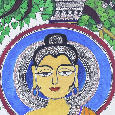 Madhubani painting, 'Enlightened' - Madhubani Painting of Buddha from India