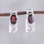 Garnet hoop earrings, 'Fireside Glow' - Oval Garnet and Sterling Silver Openwork Hoop Earrings