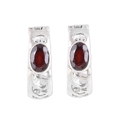 Garnet hoop earrings, 'Fireside Glow' - Oval Garnet and Sterling Silver Openwork Hoop Earrings