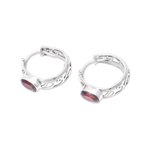 Garnet hoop earrings, 'Fireside Glow' - Oval Garnet and Sterling Silver Openwork Hoop Earrings