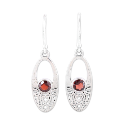 Garnet dangle earrings, 'Scarlet Garden' - Garnet Sterling Silver Heart Openwork Oval Dangle Earrings