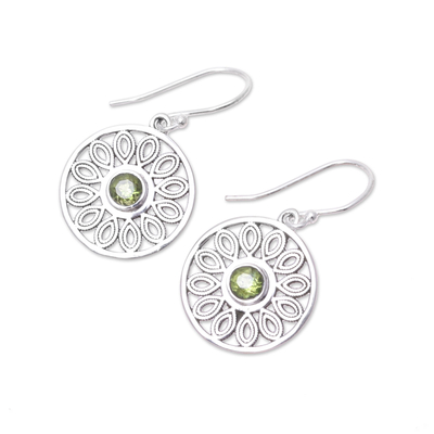 Peridot dangle earrings, 'Elegant Daisy' - Peridot and Sterling Silver Flower Circle Dangle Earrings