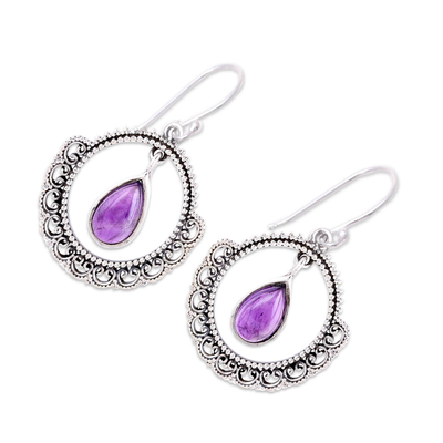 Amethyst dangle earrings, 'Mughal Lace' - Sterling Silver and Amethyst Round Lace Dangle Earrings