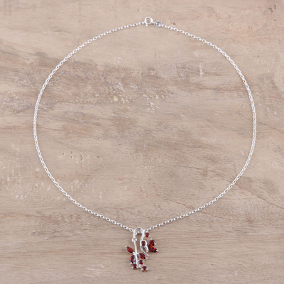 Garnet pendant necklace, 'Butterfly Dazzle in Red' - Garnet Sterling Silver Butterfly Flowers Pendant Necklace