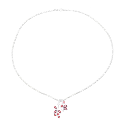 Garnet pendant necklace, 'Butterfly Dazzle in Red' - Garnet Sterling Silver Butterfly Flowers Pendant Necklace