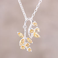 Citrine pendant necklace, 'Butterfly Dazzle in Yellow' - Citrine Sterling Silver Butterfly Flowers Pendant Necklace