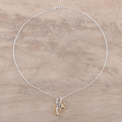 Citrine pendant necklace, 'Butterfly Dazzle in Yellow' - Citrine Sterling Silver Butterfly Flowers Pendant Necklace