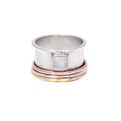 Rainbow moonstone meditation spinner ring, 'Serene Rotation' - Sterling Silver Copper Rainbow Moonstone Meditation Ring