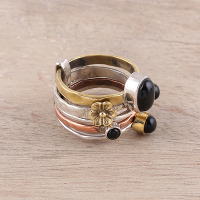 Onyx cocktail ring, 'Midnight Flowers' - Sterling Silver Copper Black Onyx Cocktail Ring