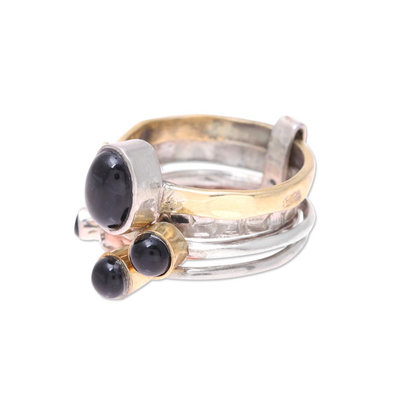 Onyx cocktail ring, 'Midnight Flowers' - Sterling Silver Copper Black Onyx Cocktail Ring
