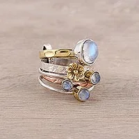 Rainbow moonstone cocktail ring, Rain Flowers