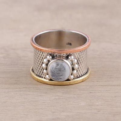 Rainbow moonstone cocktail ring, 'Industrial Allure' - Mixed Metals Silver and Rainbow Moonstone Cocktail Ring
