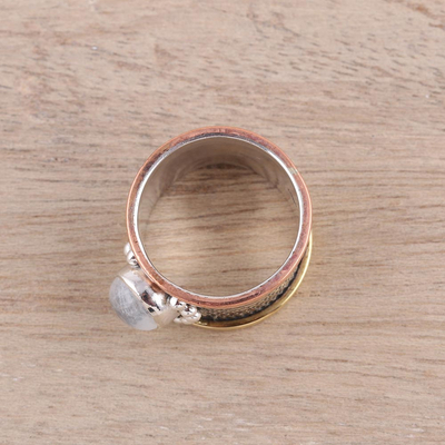 Rainbow moonstone cocktail ring, 'Industrial Allure' - Mixed Metals Silver and Rainbow Moonstone Cocktail Ring