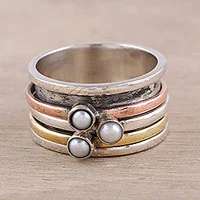 Cultured pearl meditation spinner ring, 'Nestled Trio' - Cultured Pearl and Metal Trio Meditation Spinner Ring