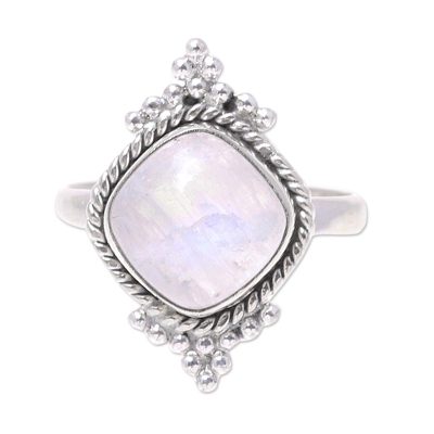 Rainbow moonstone cocktail ring, 'Cloud Queen' - Square Rainbow Moonstone and Sterling Silver Cocktail Ring