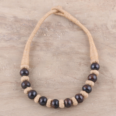 Bone beaded necklace, 'Natural Woman' - Handcrafted Brown Buffalo Bone on Tan Cotton Beaded Necklace