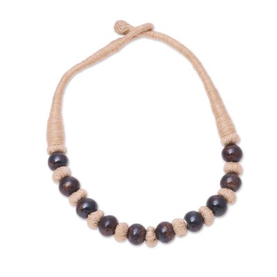 Handcrafted Brown Buffalo Bone on Tan Cotton Beaded Necklace